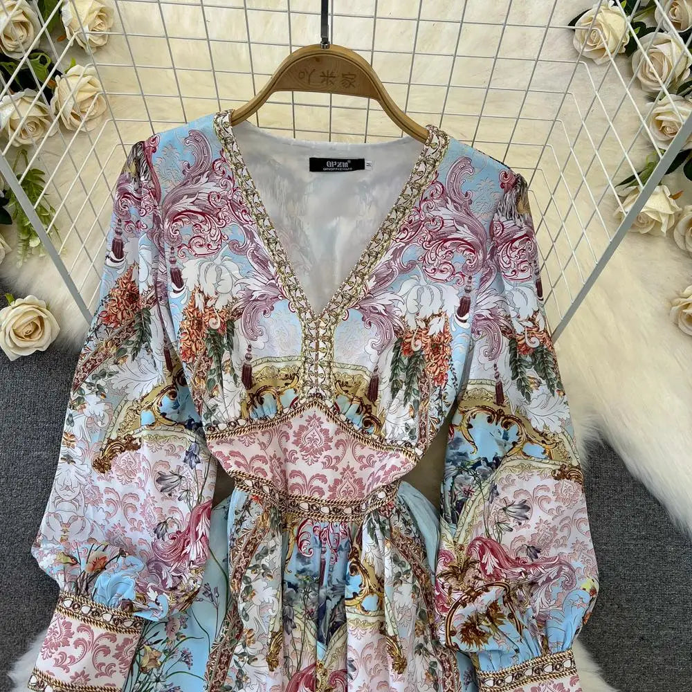 Spring Fashion Runway Gorgeous Flower Chiffon Maxi Dress Women Deep V Neck Long Sleeve Floral Print Boho Robe Vestidos 6549