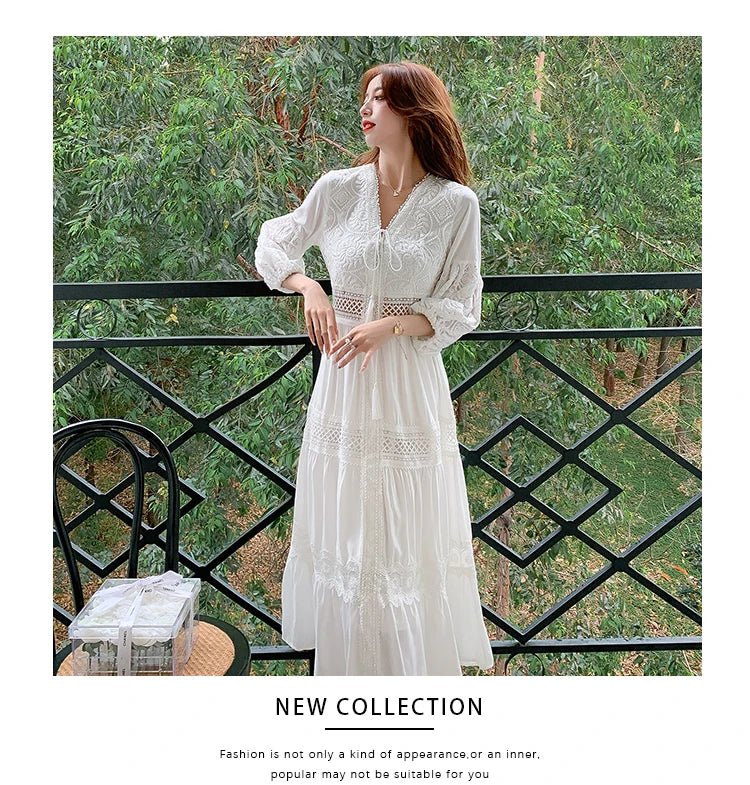 White Long Dress Women Summer Boho Lace Dresses Female Beach Holiday Hollow Out Dress Ladies Elegant Vintage Loose Vestidos