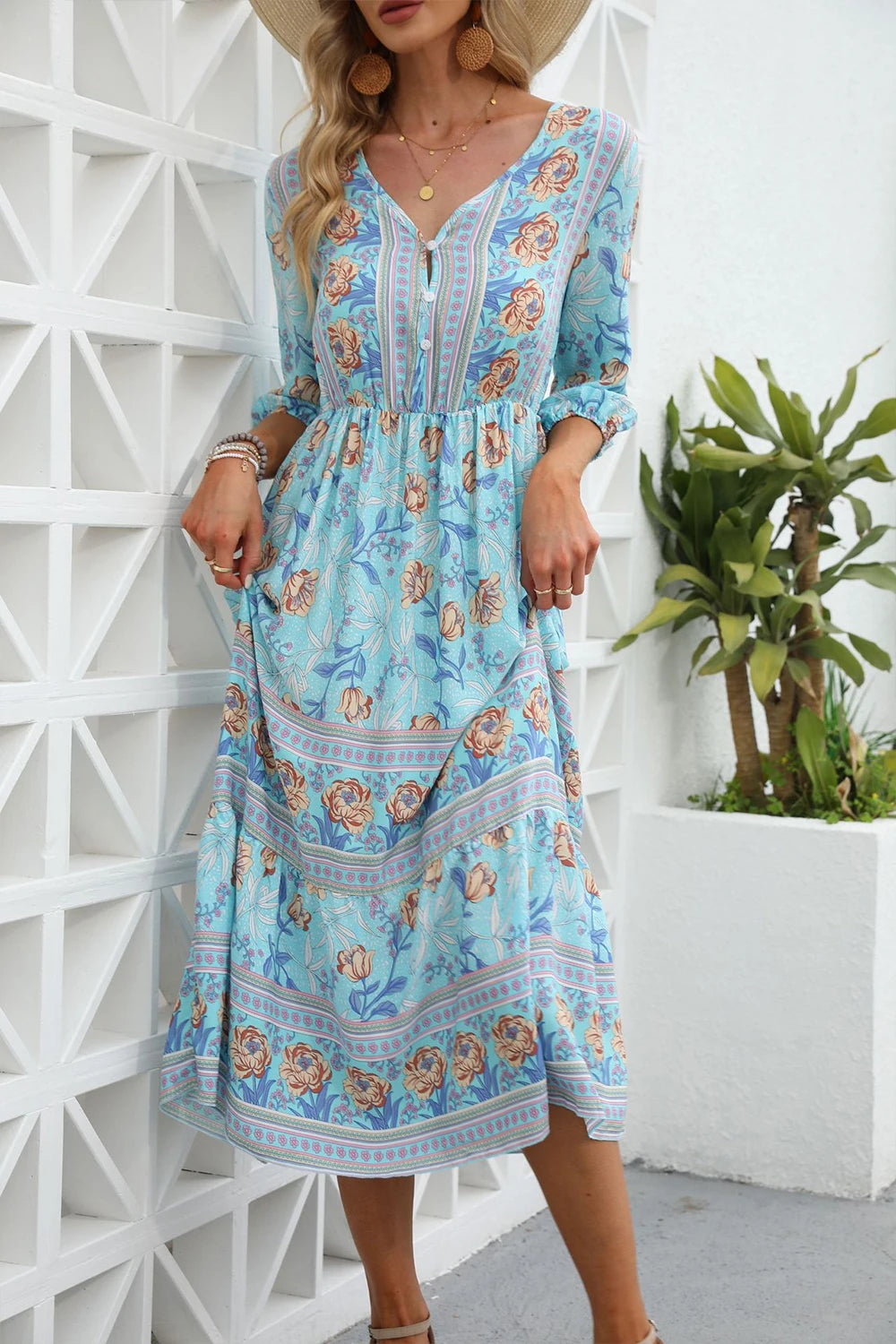 Summer Boho Long Dresses Women Fashion Print V Neck Half Sleeve Cotton Dress Elegant Casual High Waist Beach Dresses Vestidos