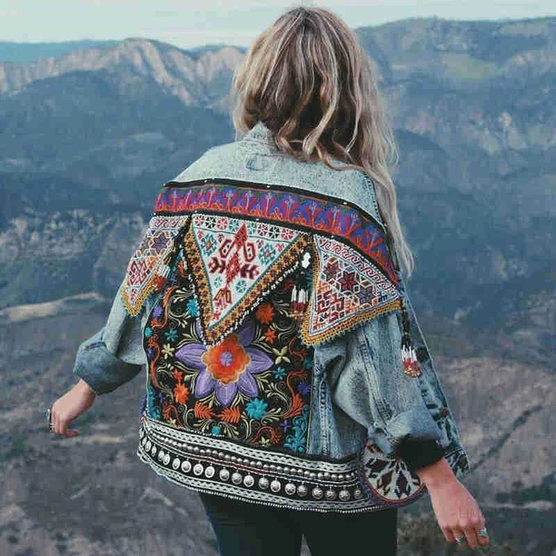 Jacket Women's Spring Boho Denim for Women Floral Appliques Embroidery Vintage Coat Long Sleeve Outerwear Female Jacket Coatee