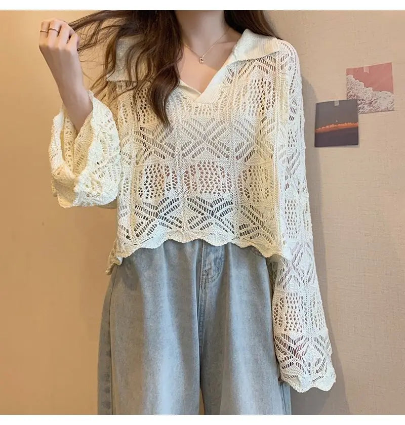 Summer Vintage Hollow Chic Bohemian Sweater Pullovers Cute Solid Turn-down Collar Long Sleeve Knitwears Korean Style Top Women