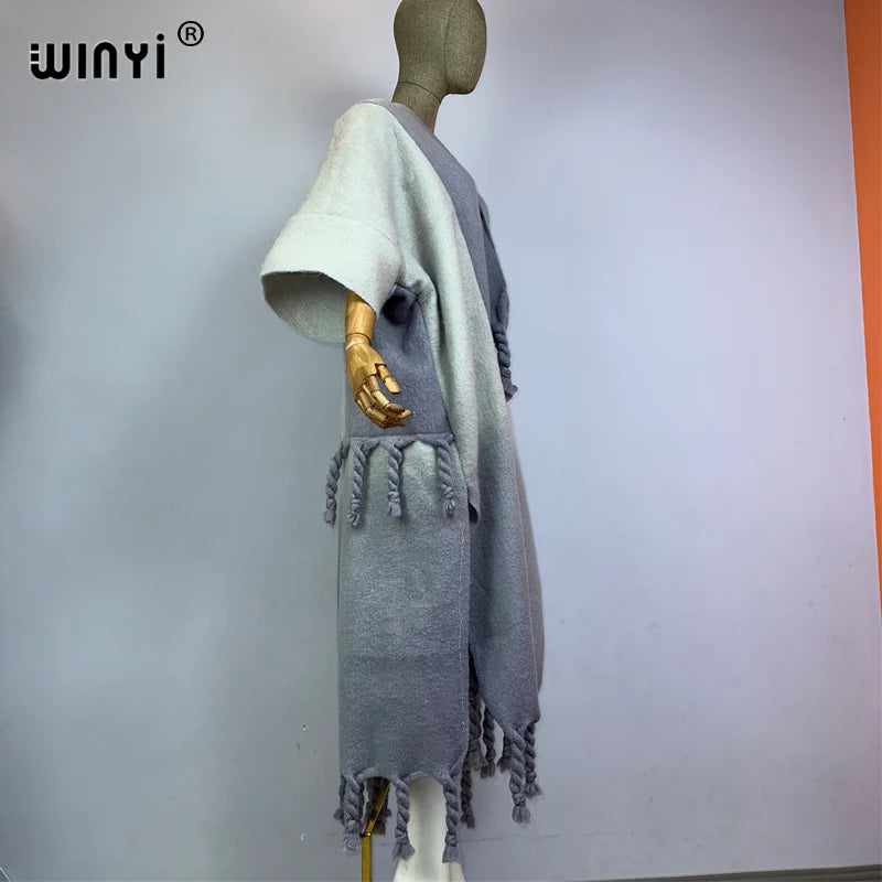 WINYI Winter Women Gradient color Luxury Fur Neutral coat Loose Thick comfortable Warm Female coat over poncho tassels jacket