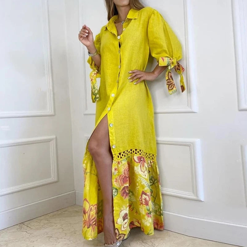 Elegant Lantern Sleeve Sundress Women Dress Fashion Lapel Neck Boho Printing Shirt Dress Single Breasted Maxi Dress Robe Femme