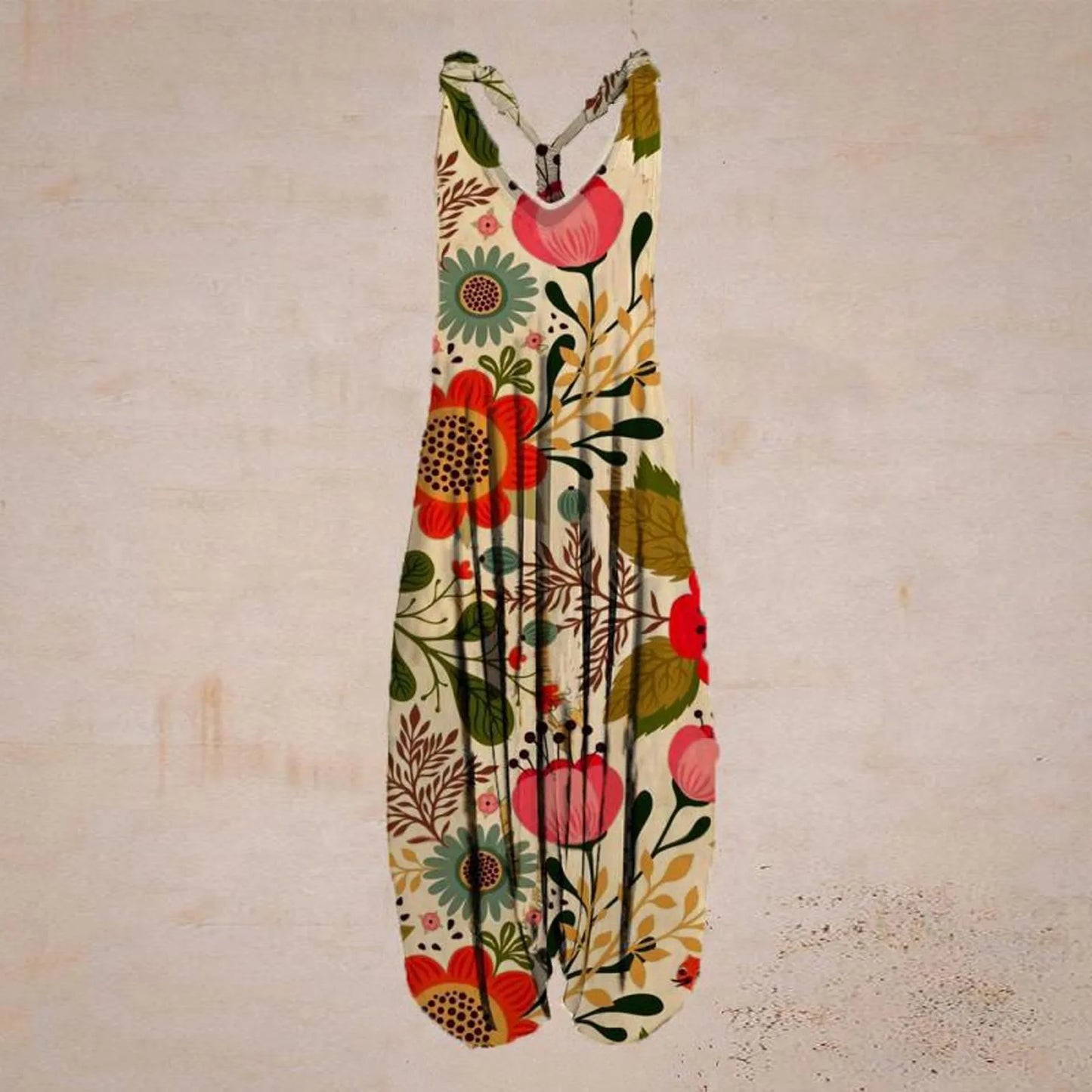 Vintage Ethnic Style Women Jumpsuit Casual Floral Rompers Loose Boho Casual Jumpsuits Sleeveless Print Strappy Jumpsuit 2023 New