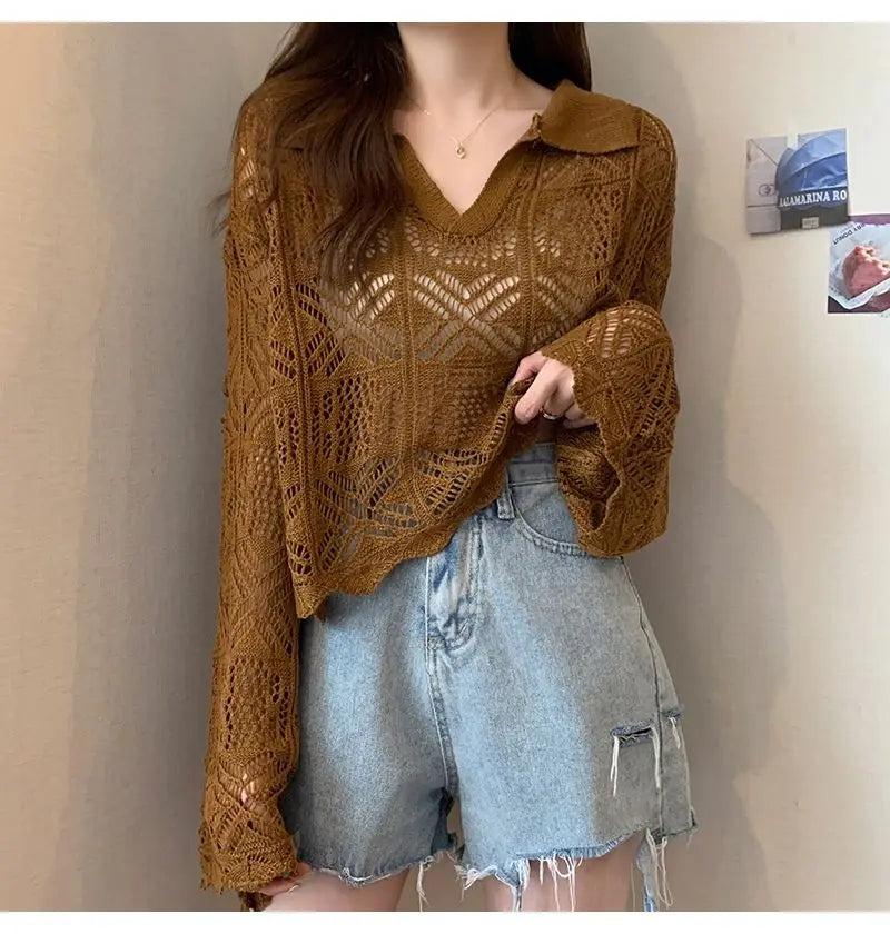 Summer Vintage Hollow Chic Bohemian Sweater Pullovers Cute Solid Turn-down Collar Long Sleeve Knitwears Korean Style Top Women