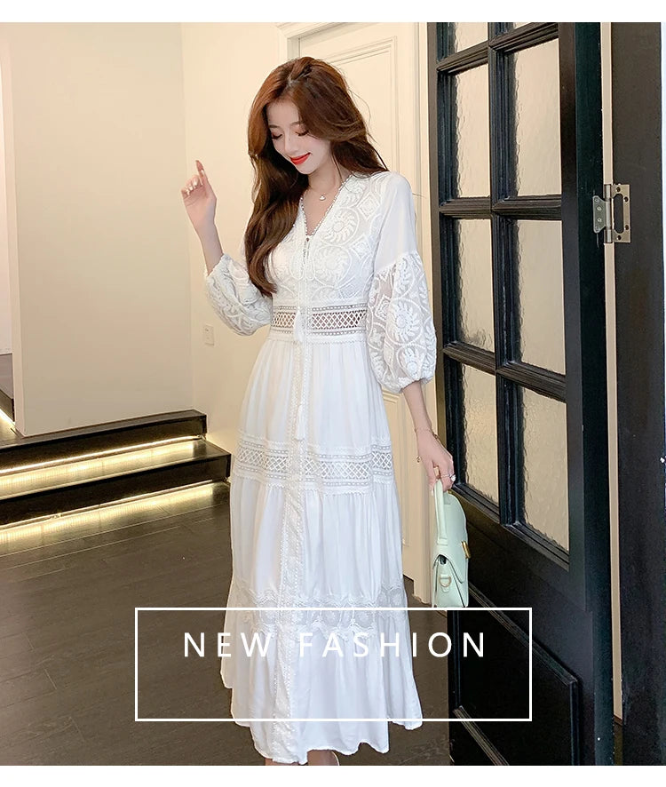 White Long Dress Women Summer Boho Lace Dresses Female Beach Holiday Hollow Out Dress Ladies Elegant Vintage Loose Vestidos