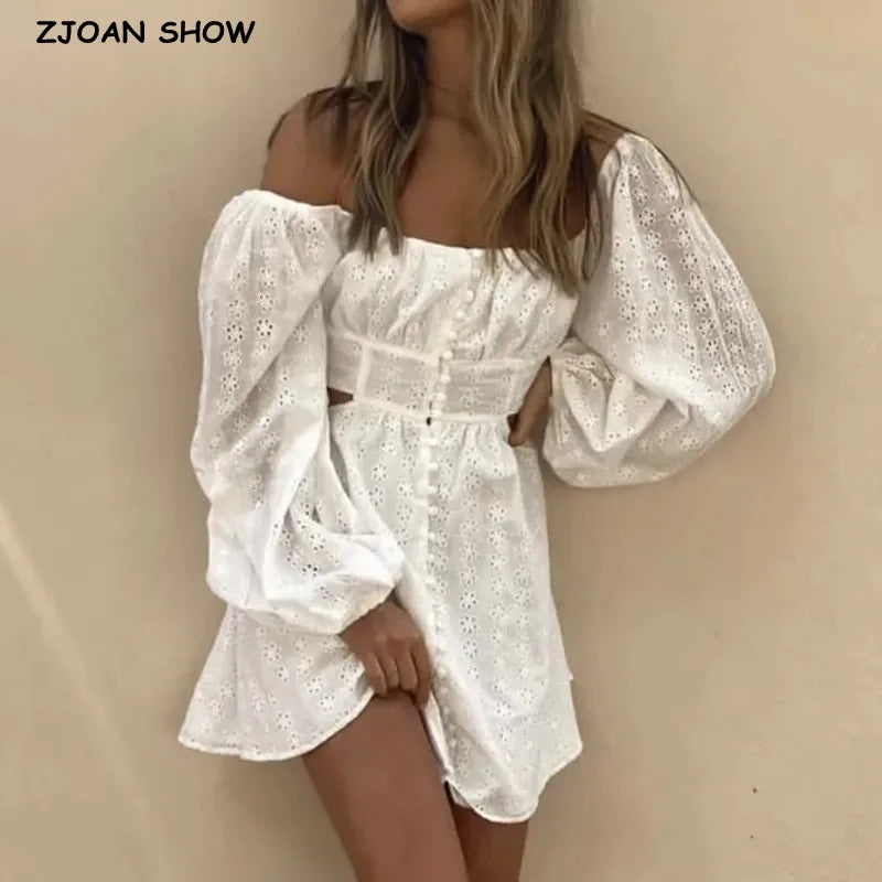 2023 Sexy Lantern Sleeve Hollow Out Embroidery White Cross Elastic Rope Backless Mini Dress BOHO Slit Back Woman Holiday Robe