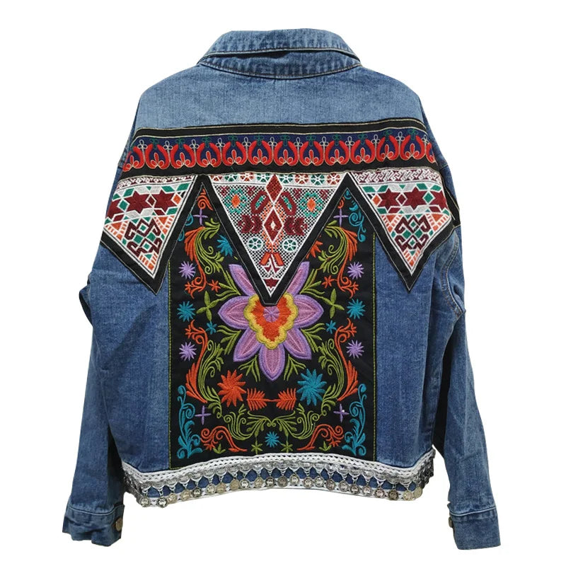 Jacket Women's Spring Boho Denim for Women Floral Appliques Embroidery Vintage Coat Long Sleeve Outerwear Female Jacket Coatee