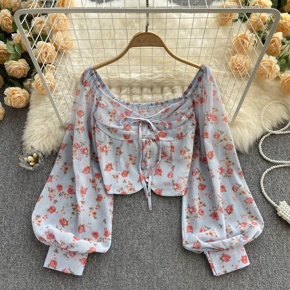 Bohemian Floral Blouses Women Gentle Sweet French Elastic Ruched Slim Tops Spring Casual Vacation Elegant Print Shirts