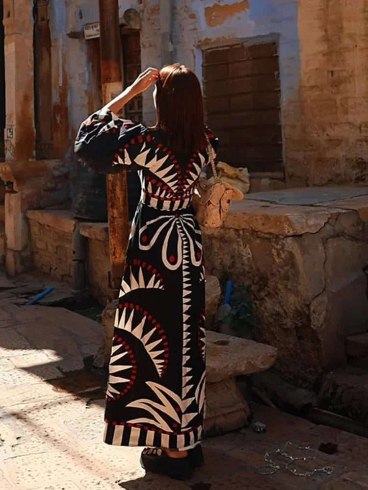 Casual Boho Print Loose Maxi Dress Women Chic V-neck Puff Half Sleeve Single-breasted Dresses Summer Lady Ethnic Style Robes