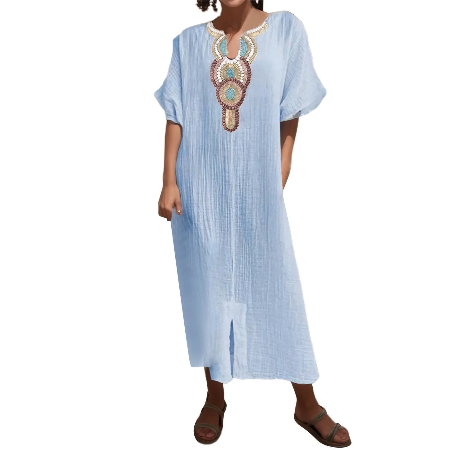 Boho Vintage Embroidered Cotton Linen Long Dress Women V Neck Split Maxi Party Dress 2023 Summer Short Sleeve Loose Beach Dress