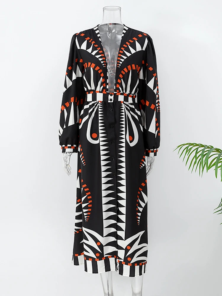 Casual Boho Print Loose Maxi Dress Women Chic V-neck Puff Half Sleeve Single-breasted Dresses Summer Lady Ethnic Style Robes