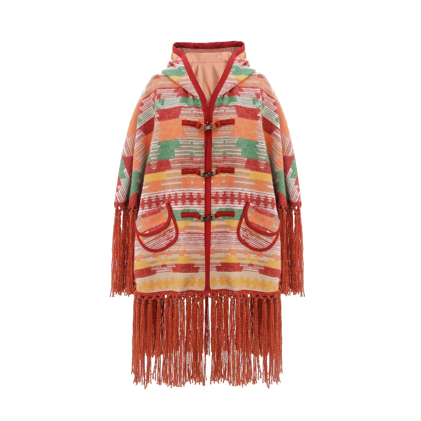 TEELYNN Ethnic Cape Dresses Women Tops Tassel Fringe Autumn Winter Handmade Wool Shawl Bohemian Warm Jacket Hooded Knit Cloak