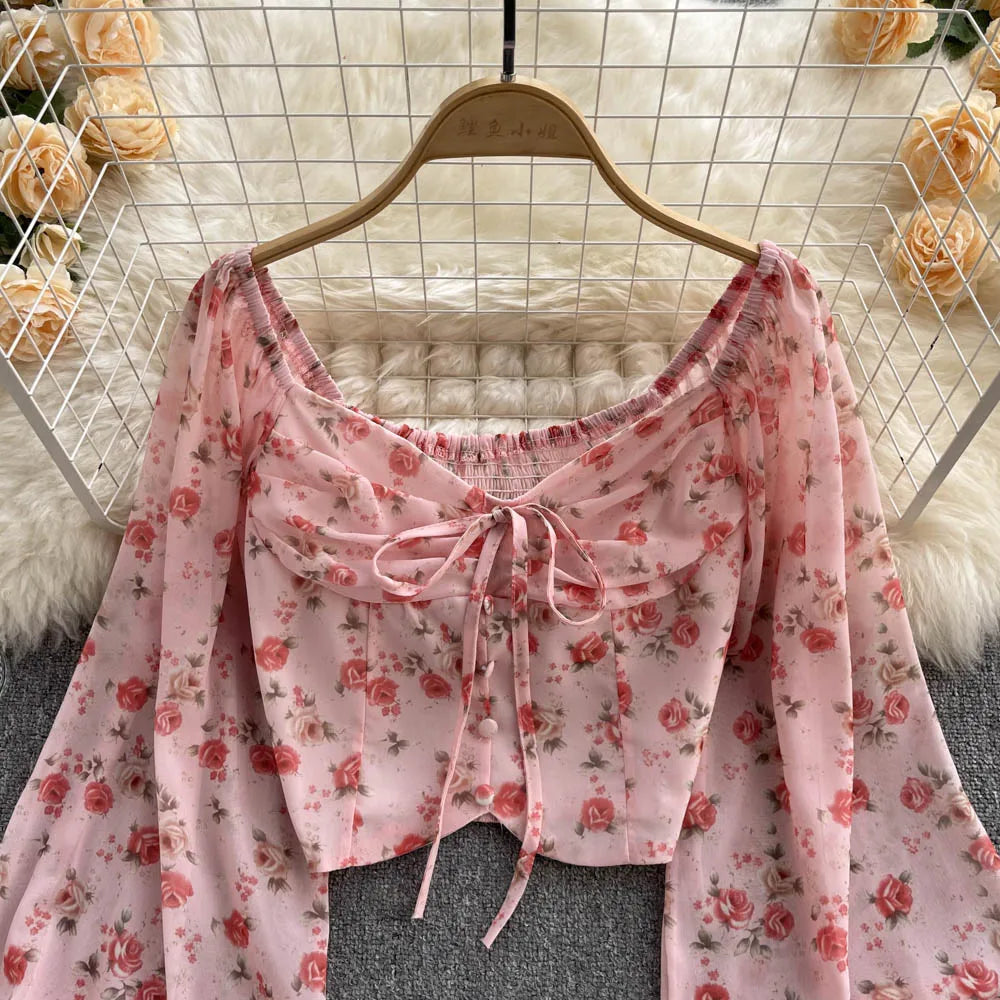 Bohemian Floral Blouses Women Gentle Sweet French Elastic Ruched Slim Tops Spring Casual Vacation Elegant Print Shirts