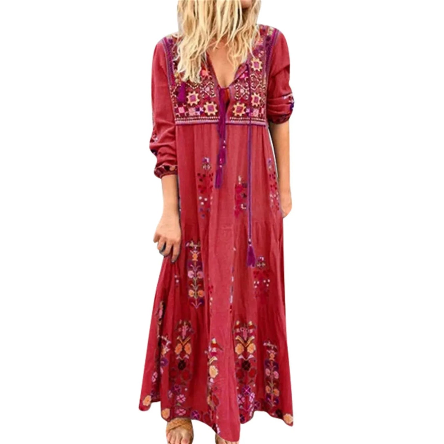 Fashion Vintage Ethnic Style Printed Long Dresses Long Sleeved Boho Beach Holiday Dress Plus Size Loose Casual Women's Dresses