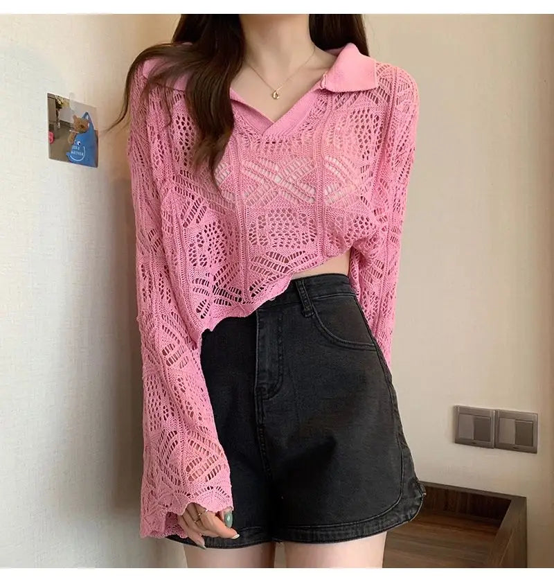 Summer Vintage Hollow Chic Bohemian Sweater Pullovers Cute Solid Turn-down Collar Long Sleeve Knitwears Korean Style Top Women