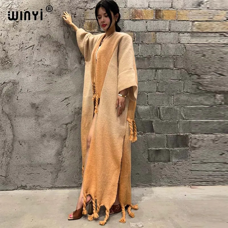 WINYI Winter Women Gradient color Luxury Fur Neutral coat Loose Thick comfortable Warm Female coat over poncho tassels jacket