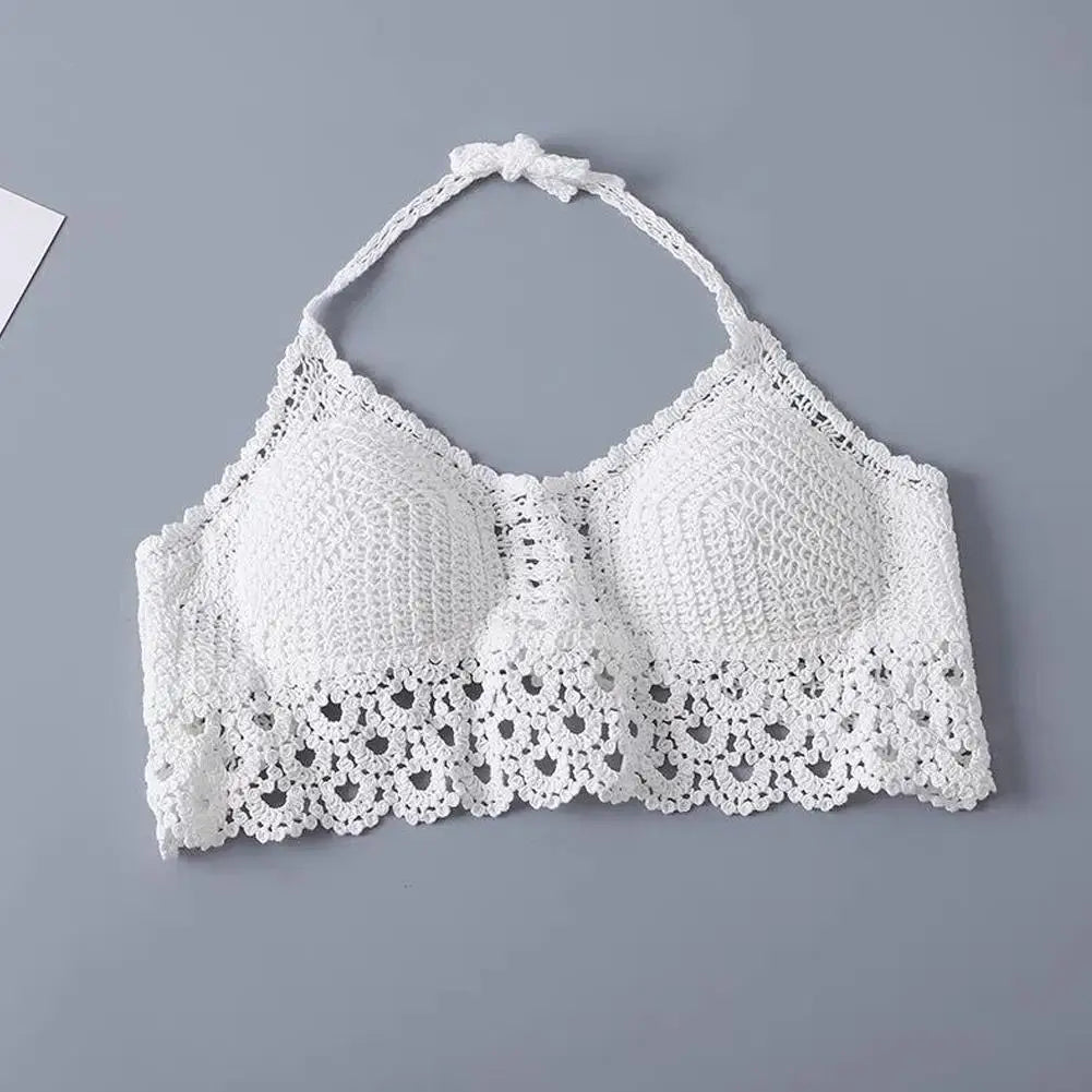 Bohemian Knit Halter Back Embroidery Camisole Women Summer Camis U-neck Top Vest Casual Knitted Sleeveless T-shirt Tan V1b2