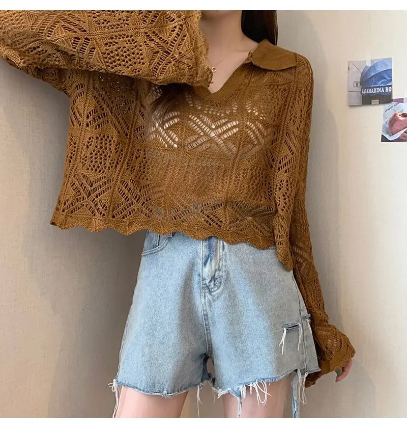 Summer Vintage Hollow Chic Bohemian Sweater Pullovers Cute Solid Turn-down Collar Long Sleeve Knitwears Korean Style Top Women