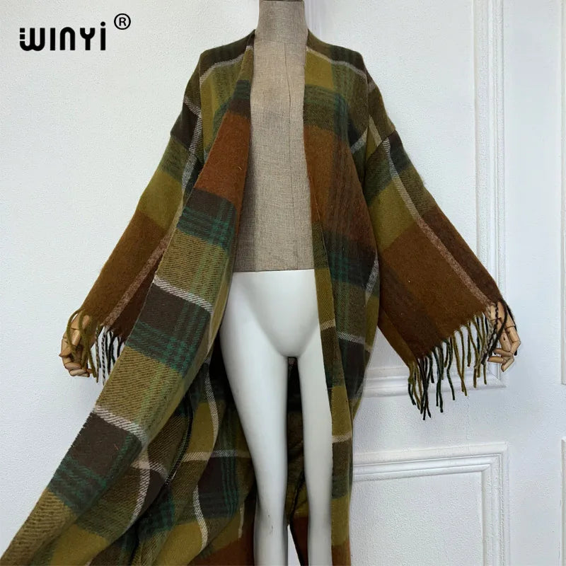 WINYI new winter coat Africa women Retro plaid printed tassel cardigan  long down coat Middle East kimono jacket fashion abaya