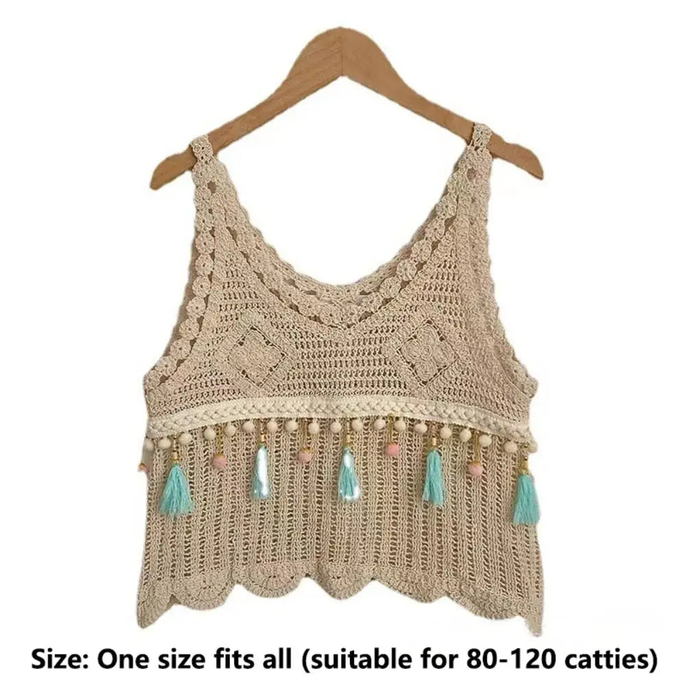 Crochet Tassel Vest Fashion Sleeveless Casual Women Vest Comfortable Solid Color Knitted Tops