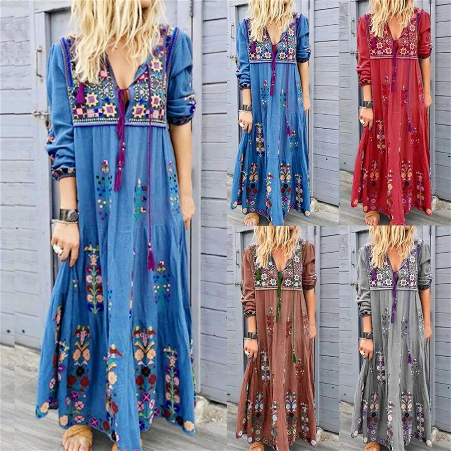 Fashion Vintage Ethnic Style Printed Long Dresses Long Sleeved Boho Beach Holiday Dress Plus Size Loose Casual Women's Dresses