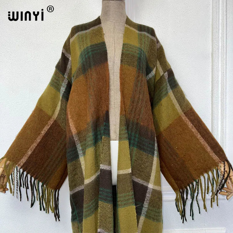 WINYI new winter coat Africa women Retro plaid printed tassel cardigan  long down coat Middle East kimono jacket fashion abaya