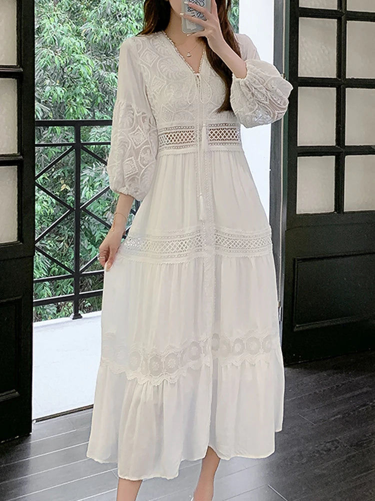 White Long Dress Women Summer Boho Lace Dresses Female Beach Holiday Hollow Out Dress Ladies Elegant Vintage Loose Vestidos