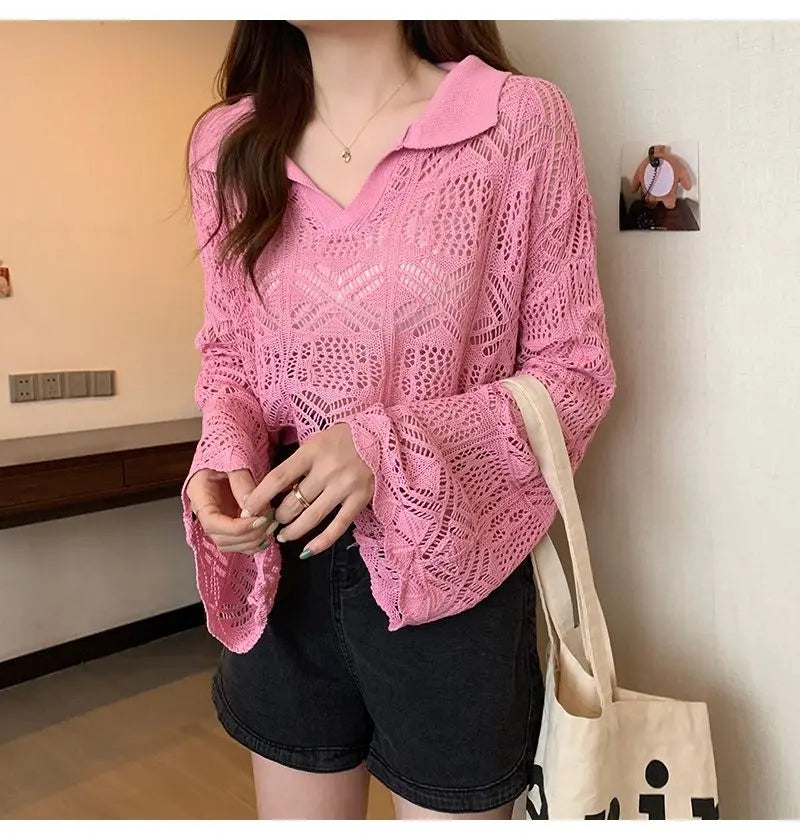 Summer Vintage Hollow Chic Bohemian Sweater Pullovers Cute Solid Turn-down Collar Long Sleeve Knitwears Korean Style Top Women