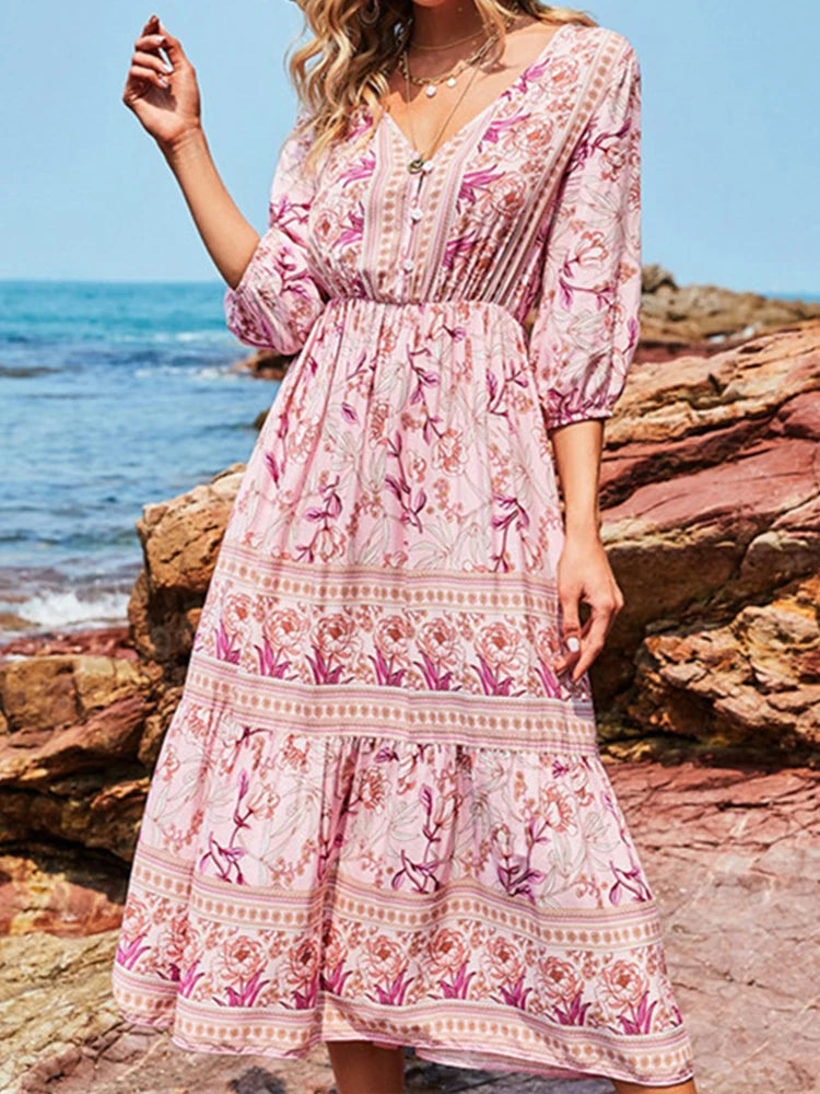 Summer Boho Long Dresses Women Fashion Print V Neck Half Sleeve Cotton Dress Elegant Casual High Waist Beach Dresses Vestidos