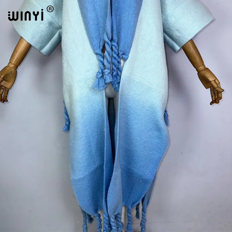 WINYI Winter Women Gradient color Luxury Fur Neutral coat Loose Thick comfortable Warm Female coat over poncho tassels jacket