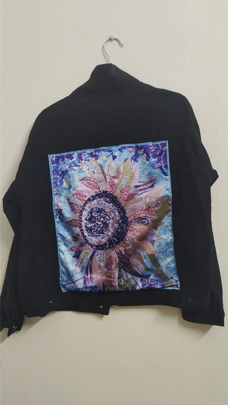 Printing Floral Appliques Rhinestone Womens Denim Jackets Feminine Spring Autumn Boho Sequin Coats Long Sleeve Outerwear Female