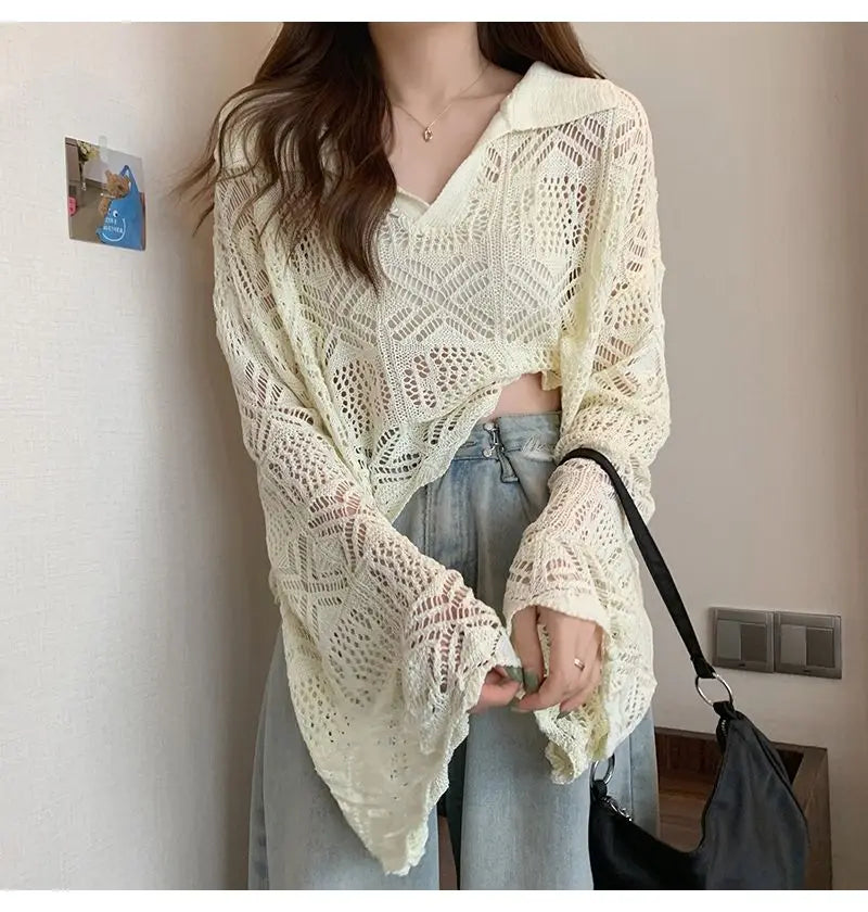 Summer Vintage Hollow Chic Bohemian Sweater Pullovers Cute Solid Turn-down Collar Long Sleeve Knitwears Korean Style Top Women