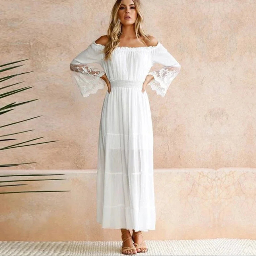 TEELYNN boho dress white sexy off the shoulder beach sundress Flare long sleeve splice lace women dresses summer vestidos