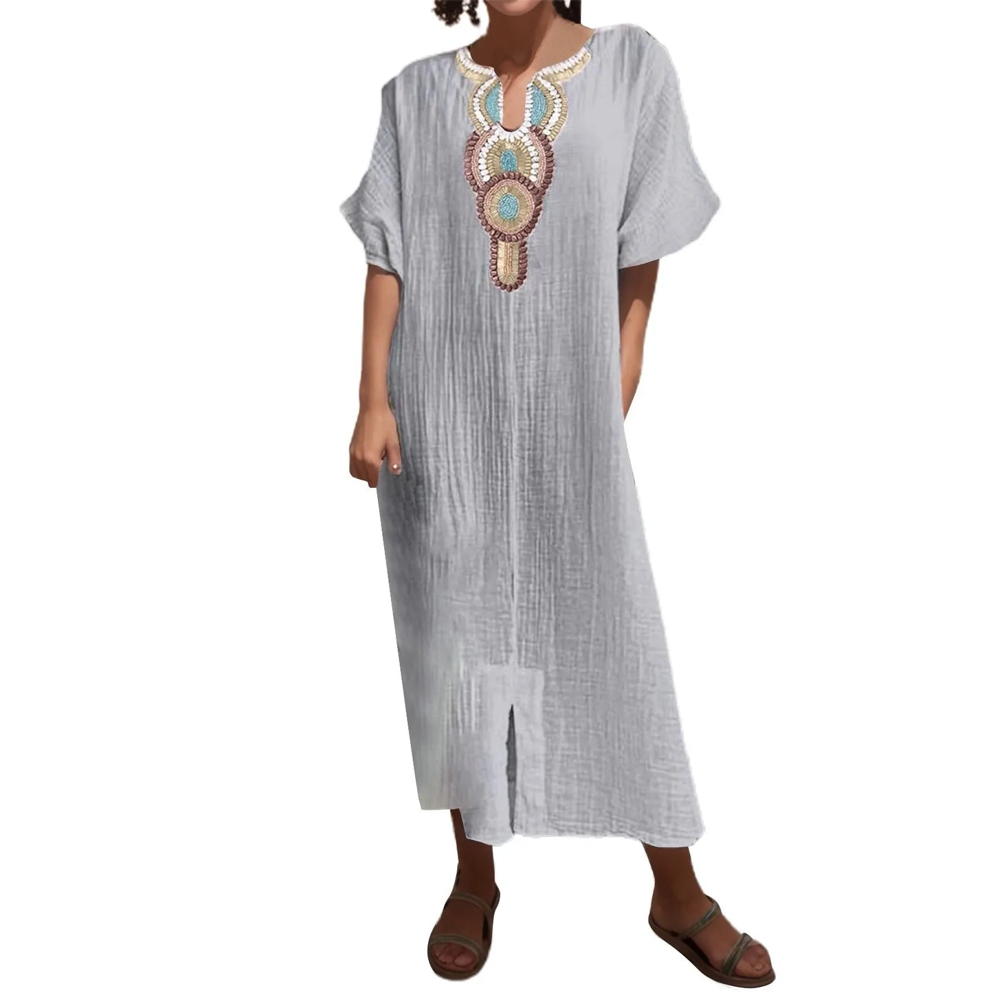 Boho Vintage Embroidered Cotton Linen Long Dress Women V Neck Split Maxi Party Dress 2023 Summer Short Sleeve Loose Beach Dress