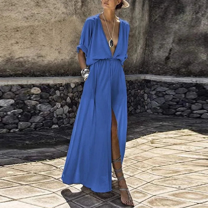 Fashion Short Sleeve Loose Casual Long Dress Sexy Deep V Neck High Slit Party Dress Lady Elegant Solid Boho Beach Women Sundress