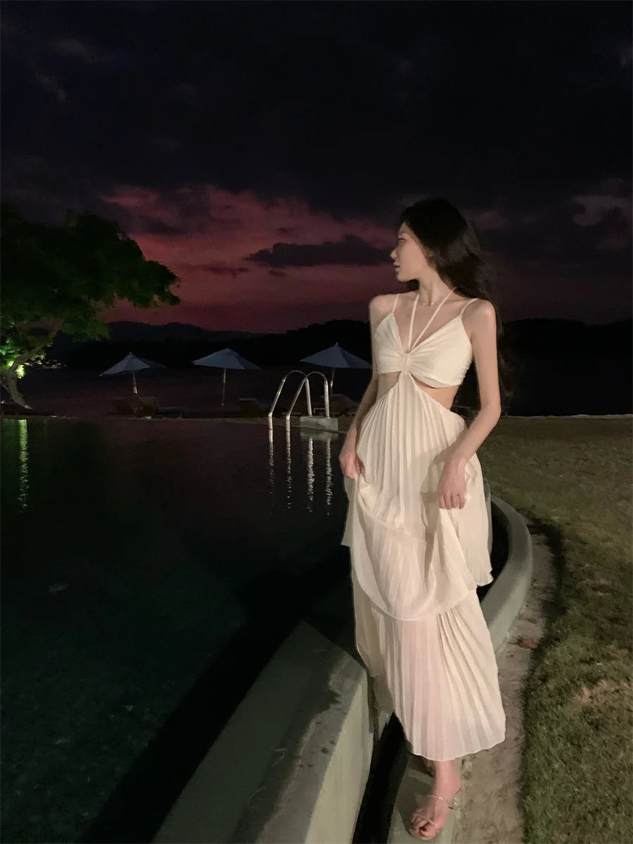 Summer New Fashion Women Sexy Pleated  Boho Long Dress Vacation Beach Strap A line Ladies Robe 2023 Sundress