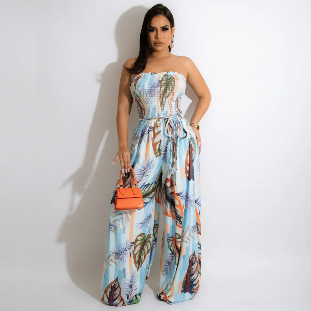 KEXU Women Leaf Tie Dye Strapless Elastic High Waist Straight Wide Leg Jumpsuit 2024  Boho Beach Elegant Playsuit