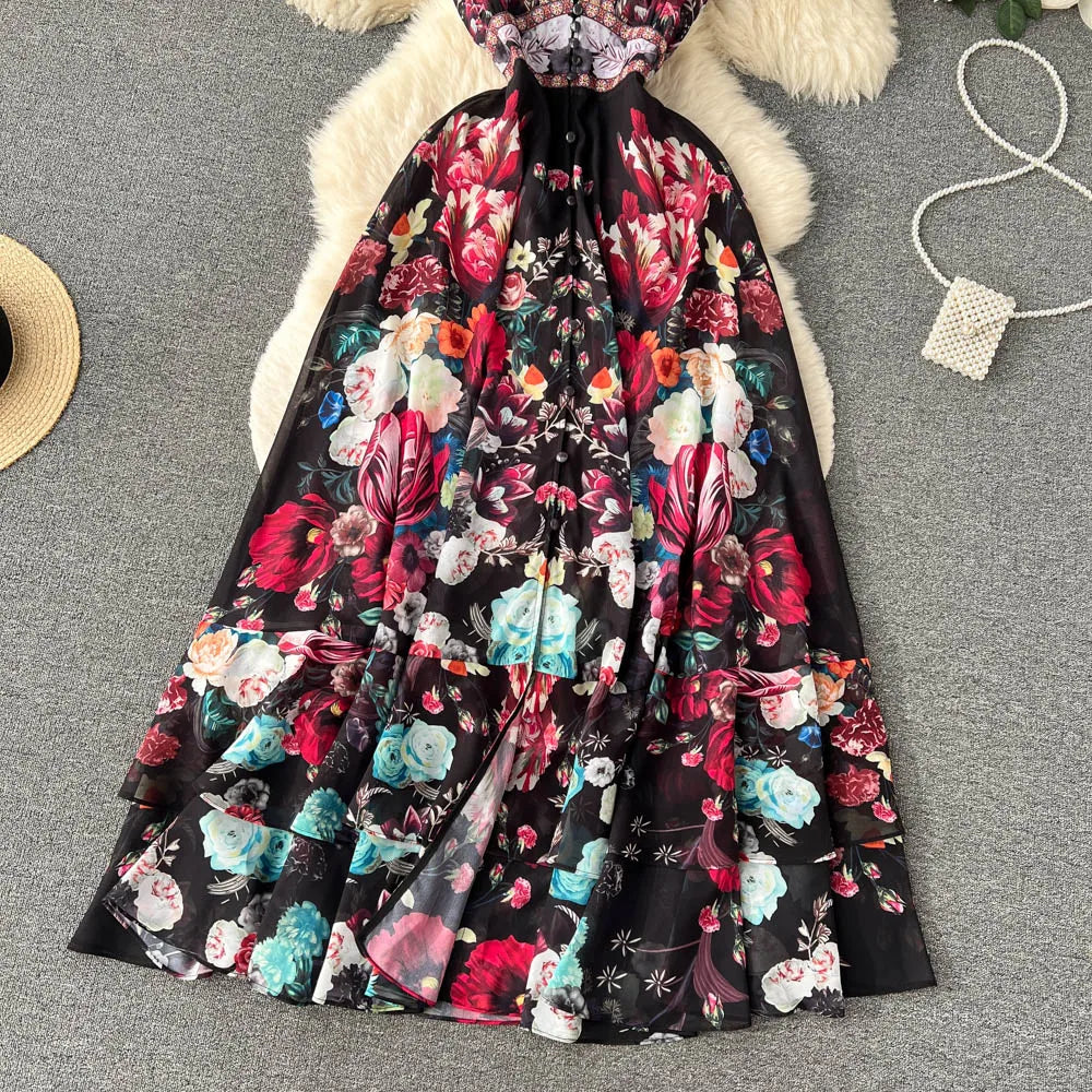 2023 Fashion Runway Gorgeous Flower Chiffon Cascading Ruffles Dress Women Deep V Neck Sleeveless Floral Print Boho Robe Vestidos