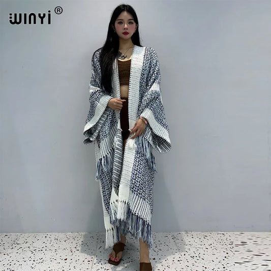 WINYI winter coat for women gradient print tassels Luxury Fur Loose OverCoat Thick Warm long down coat Elegant cardigan jacket