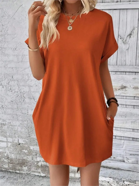 Fashion Boho Resort Style Beach Dresses For Women 2024 New Summer Solid Color O Neck Loose Short Sleeve Pocket Mini Dress Femme