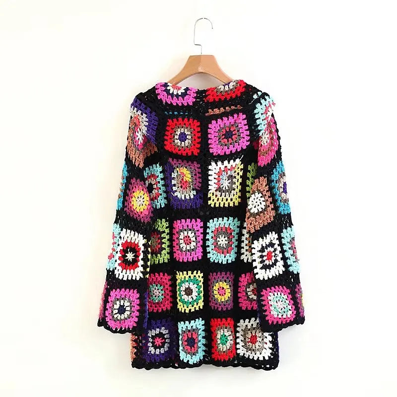 Luxury Handmade Bohemian Tassels Hooded Knitted Cardigan Hook Flower Hollow Sweater Jacket Lace Up Fringed Open stitch Outwear