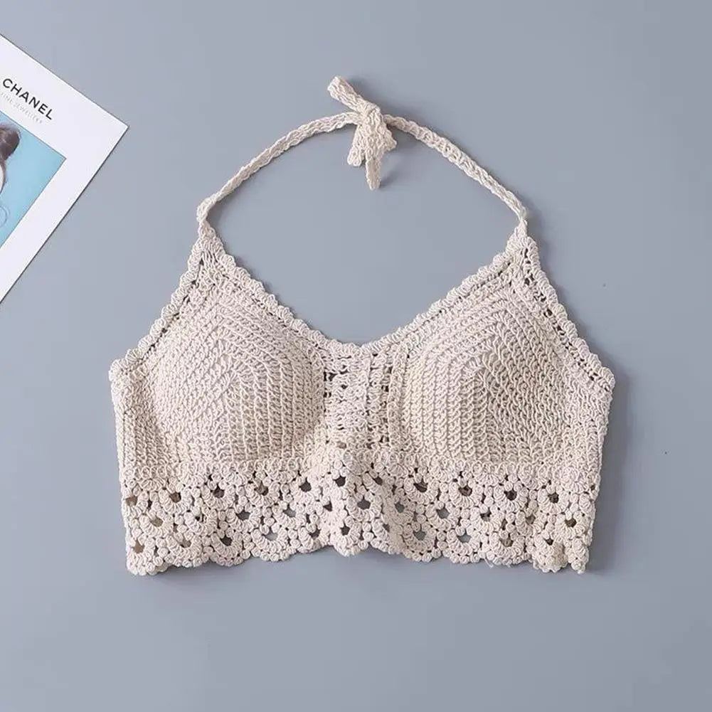 Bohemian Knit Halter Back Embroidery Camisole Women Summer Camis U-neck Top Vest Casual Knitted Sleeveless T-shirt Tan V1b2