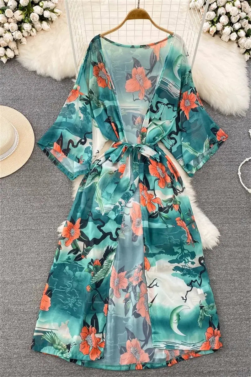 Fashion Loose Long Printed Chiffon Beach Jacket Sun Protection Cardigan Vacation Bikini Top Women's Summer Cover Up Robe Z942