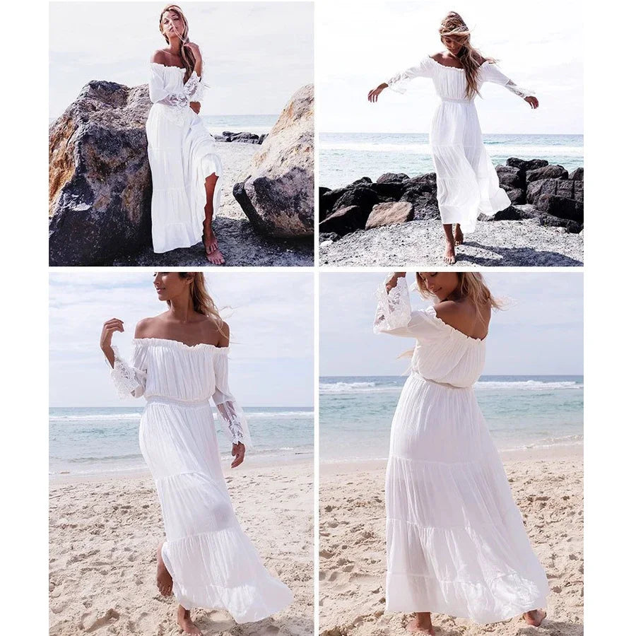 TEELYNN boho dress white sexy off the shoulder beach sundress Flare long sleeve splice lace women dresses summer vestidos