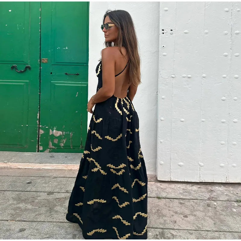 Casual Boho Print Loose Maxi Dress Women Chic V-neck Puff Half Sleeve Single-breasted Dresses Summer Lady Ethnic Style Robes