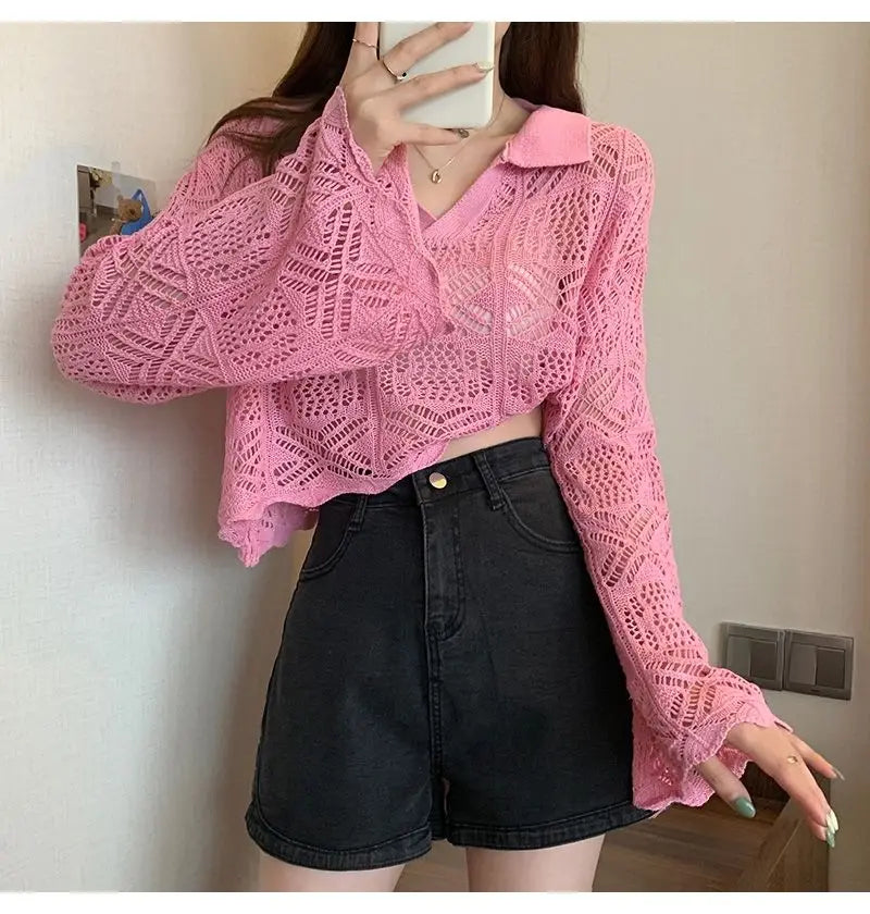 Summer Vintage Hollow Chic Bohemian Sweater Pullovers Cute Solid Turn-down Collar Long Sleeve Knitwears Korean Style Top Women