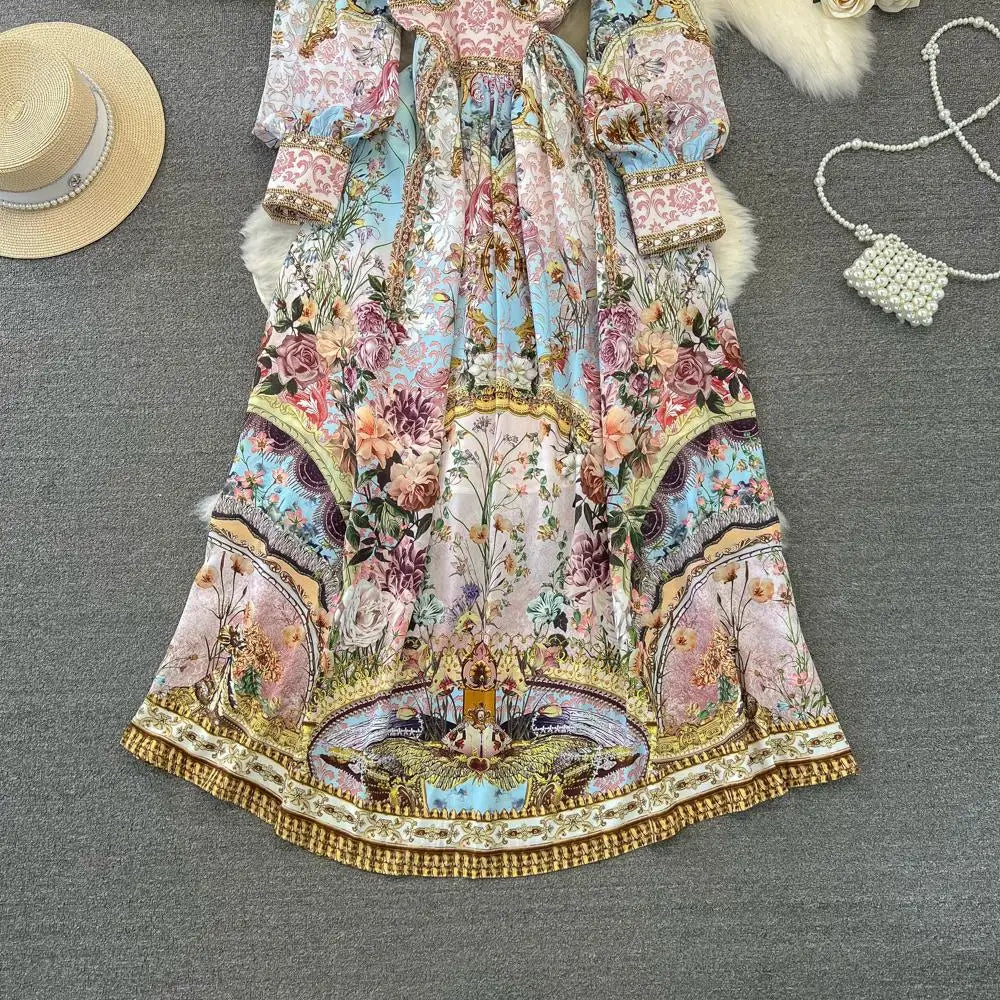 Spring Fashion Runway Gorgeous Flower Chiffon Maxi Dress Women Deep V Neck Long Sleeve Floral Print Boho Robe Vestidos 6549