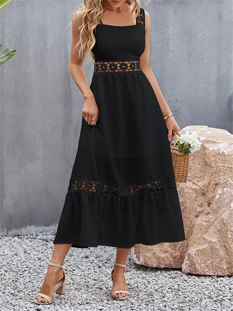 Summer Dress for Women Boho White Dress Female Sexy Hollow Out Sleeveless Midi Dress Lady Off Shoulder Elegant Beach Long Dress