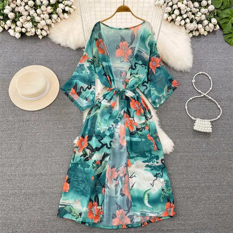 Fashion Loose Long Printed Chiffon Beach Jacket Sun Protection Cardigan Vacation Bikini Top Women's Summer Cover Up Robe Z942